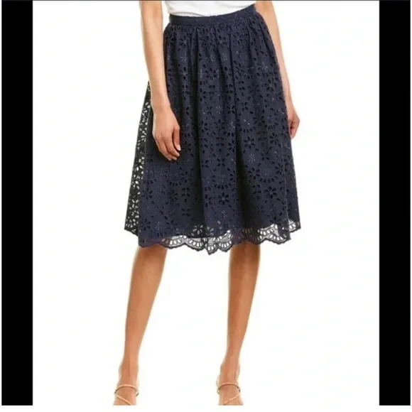 J. Crew Navy Embroidered Eyelet Lace MIDI Full Skirt NWT SZ 10! - Picture 4 of 11